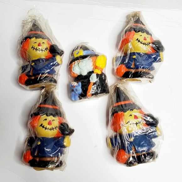 Vintage Halloween Candles Witch Scarecrow Five (5) Black, Orange, Yellow Kitchy - Picture 1 of 8